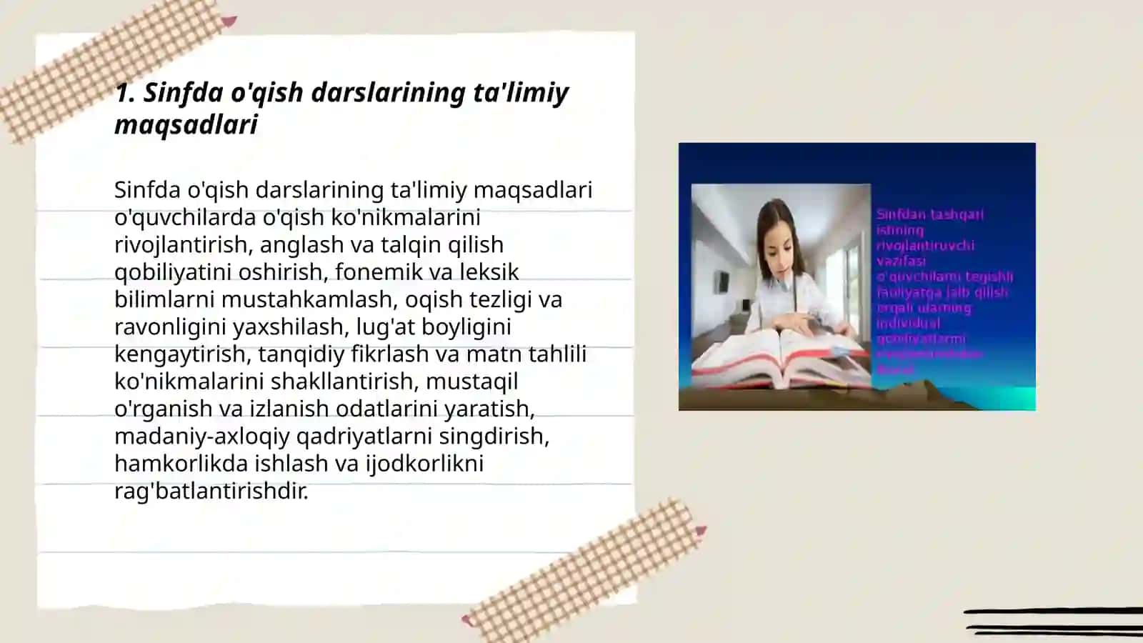 Sinfda o'qish darslarining ta'limiy-tarbiyaviy ahamiyati va vazifalari 3