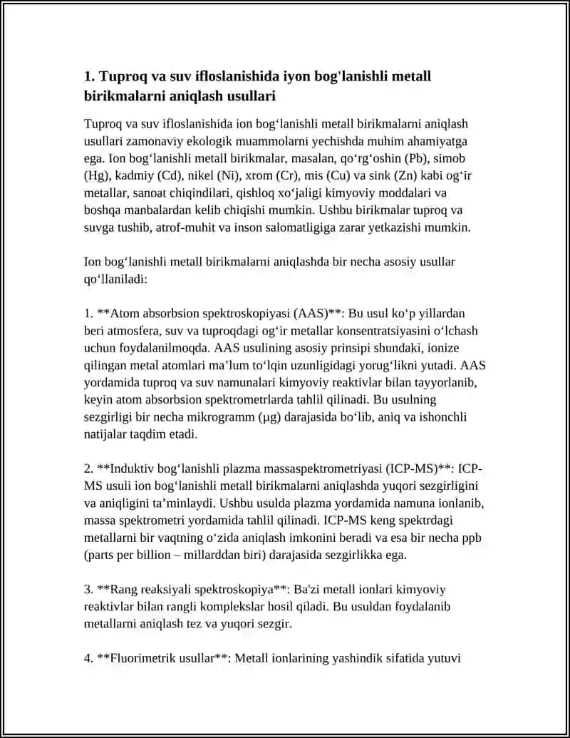 Tuproq va suv ifloslanishida iyon bog'lanishli metall birikmalarni aniqlash usullari 3