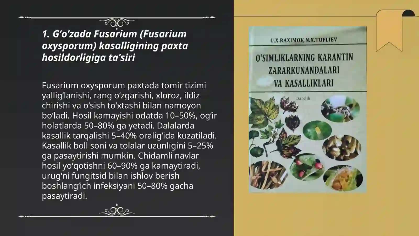 Gʼoʼza kasalliklari va zararkunandalari ning paxta hosildorligiga tasiri 3