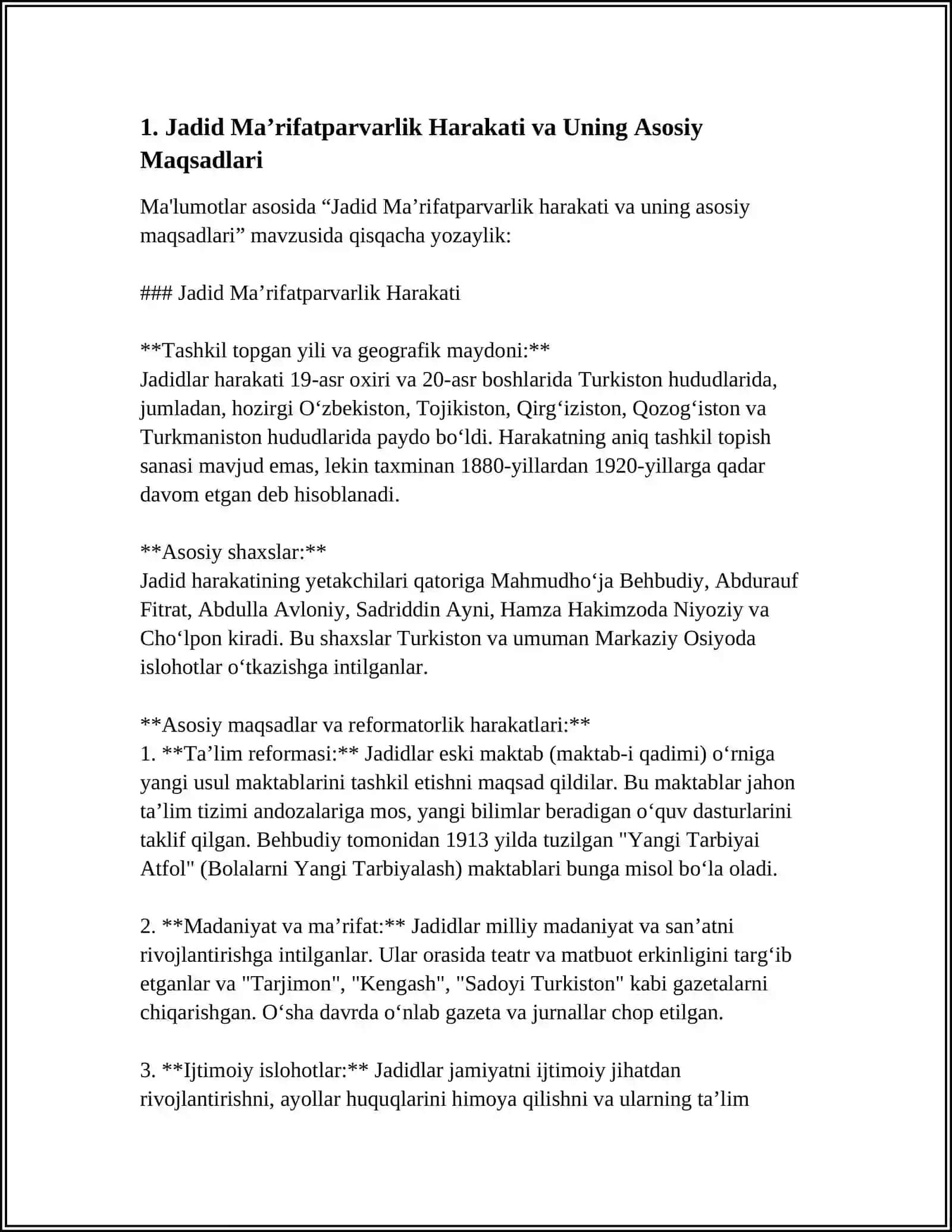 JADID MAʼRIFATPARVARLAR UNING OʻLKA IJTIMOIY-MAʼNAVIY HAYOTIDA TUTGAN OʻRNI(MUNAVVAR QORI, FITRAT, BEHBUDIY, AVLONIY) 3