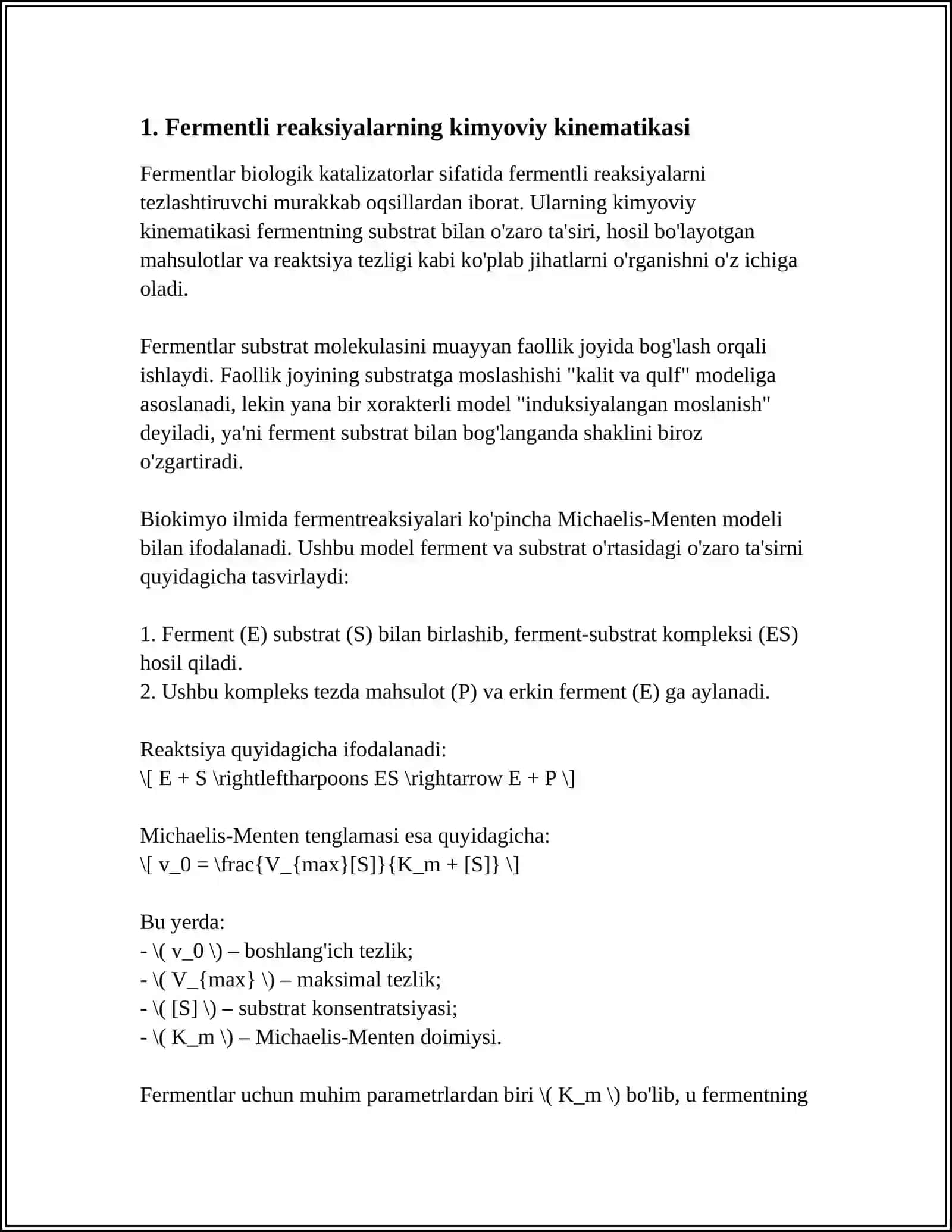 FERMENTLI REAKSIYALARNING BOSHLANG'ICH TEZLIGI VA UNI ANIQLASH USULLARI 3