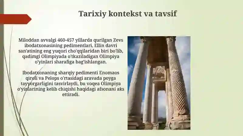 Ilk killasik davri olimpiada Zevs haykali ibodatxonasinig fraton qismining relyefi 3