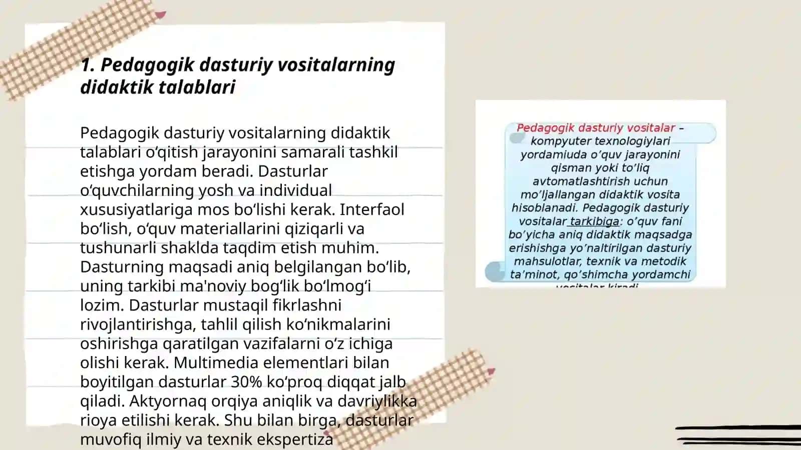 Pedagogik dasturiy vositalarni yaratishga qanday talablar qo'yiladi 3