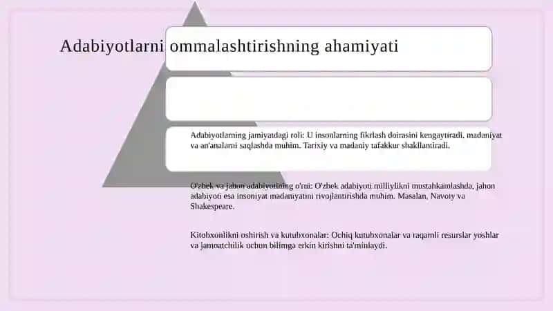 Òzbek va Jahon adabiyotlarini keng ommalashtirish, jamiyatda kitobxonlikni hamda aholiga axborot kutubxona xizmatini oshirish 3