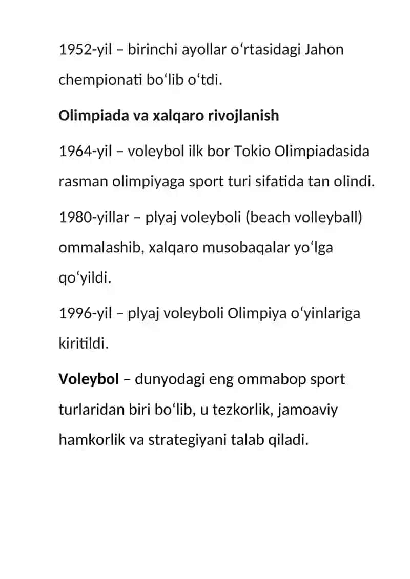 Volebol o’yinining kelib chiqishi va rivojlanish tarixi 3