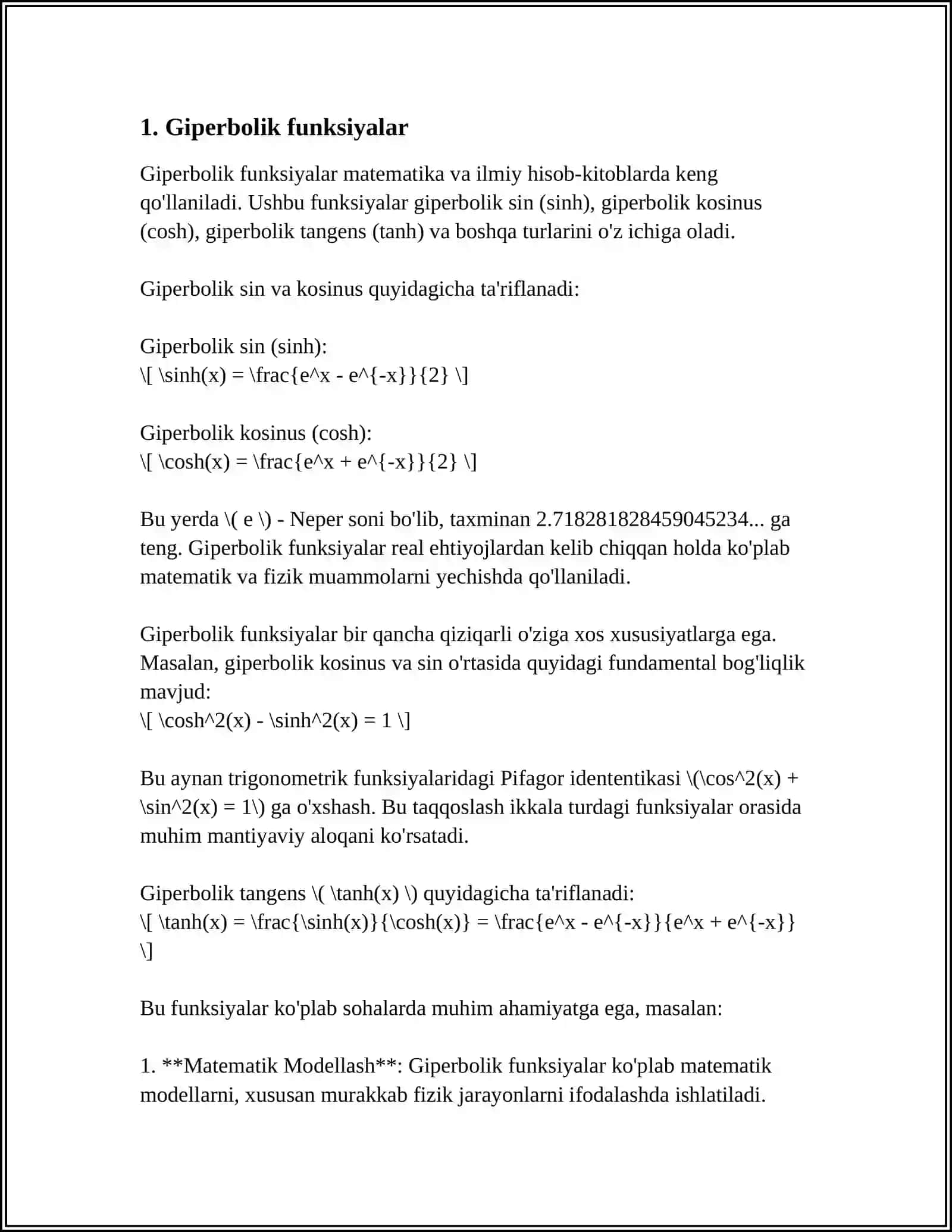 GIPERBOLIK VA TESKARI GIPERBOLIK FUNKSIYALAR. YOPIQ EGRI CHIZIQ BO'YICHA OLINGAN INTEGRAL 3