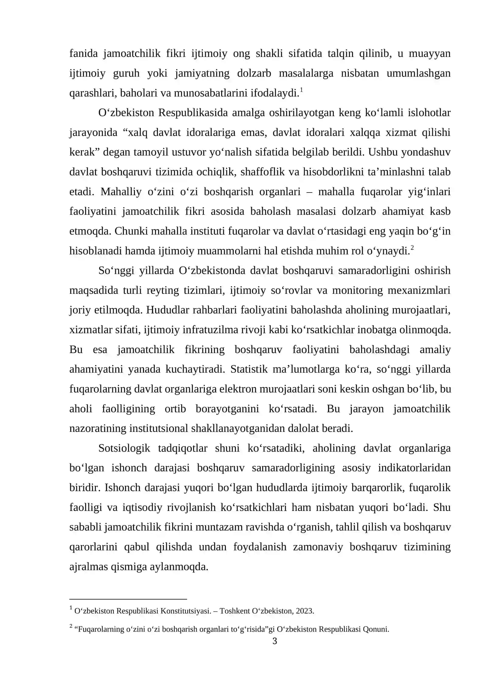 Sotsiologiya fanida jamoatchilik fikri mahalliy o'zini o'zi boshqarish organlari davlat boshqaruv faoliyatini baholash ko'rsatkichi sifatida 3