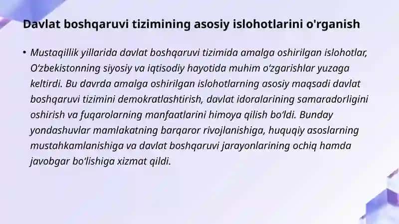 MUSTAQILLIK YILLARIDA DAVLAT BOSHQARUVI TIZIMIDA AMALGA OSHIRILGAN ISLOHOTLAR 3