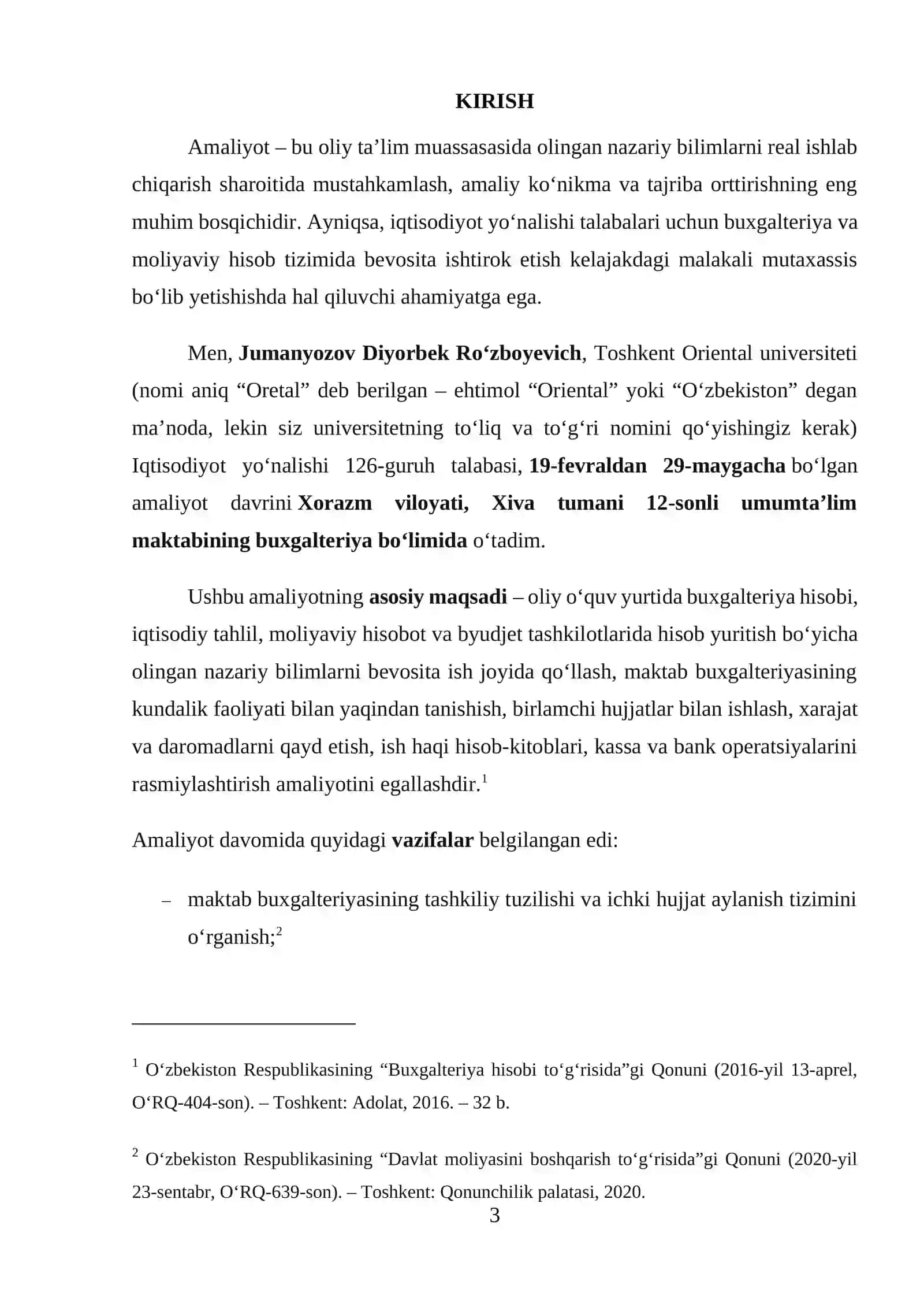 AMALIYOTI HISOBOTI. Umumta’lim maktabining buxgalteriya bo‘limida o‘talgan. 3