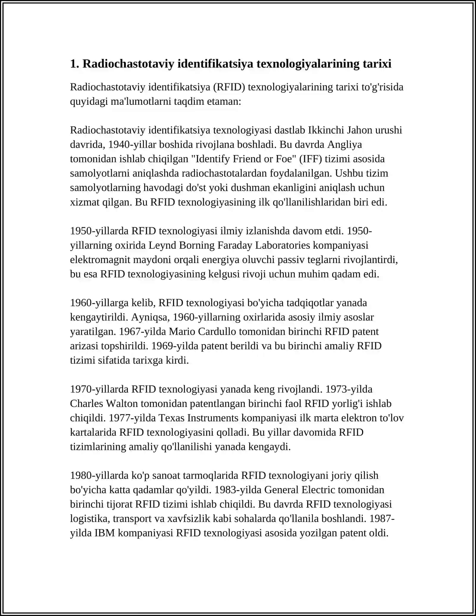 MUSTAQIL ISH Mavzu: RADIOCHASTOTAVIY IDENTIFIKATSIYALASH TEXNOLOGIYALARI 3