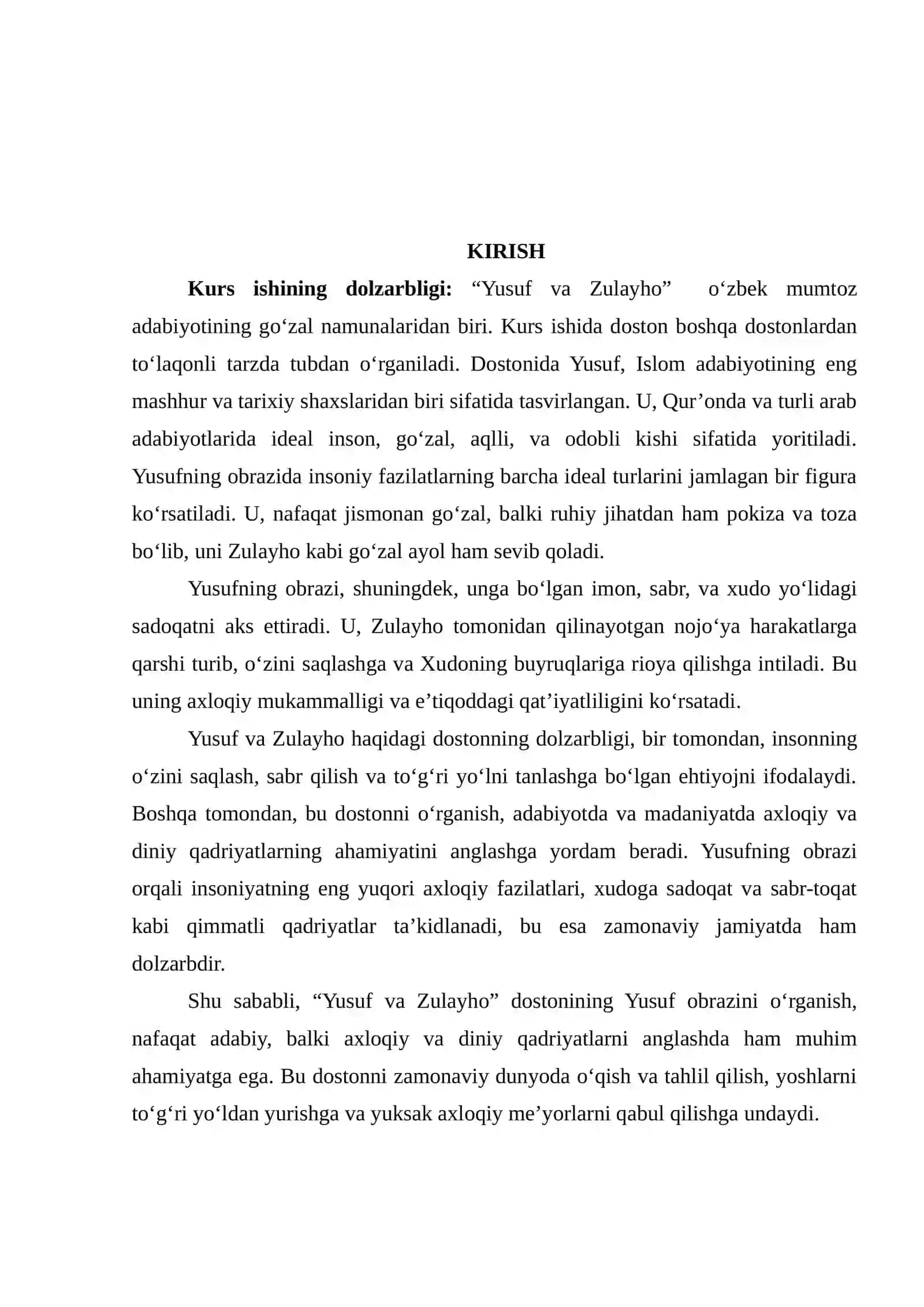 “DURBEKNING “YUSUF VA ZULAYHO” DOSTONIDA YUSUF OBRAZI TAHLILI” KURS ISHI 3