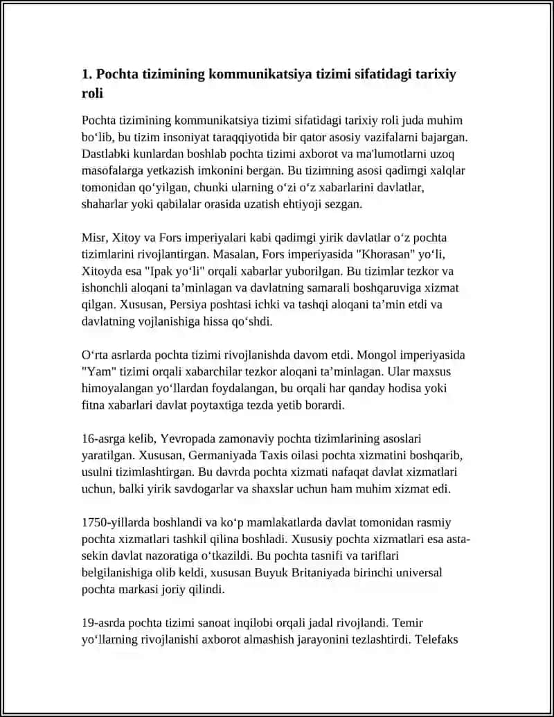 POCHTA, ALOQA TIZIMI SIFATIDAGI AHAMIYATI 3