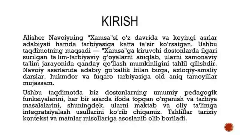 "Xamsa" — Alisher Navoiy tomonidan yaratilgan besh masnaviy to‘plami bo‘lib, unga quyidagi asarlar k 3