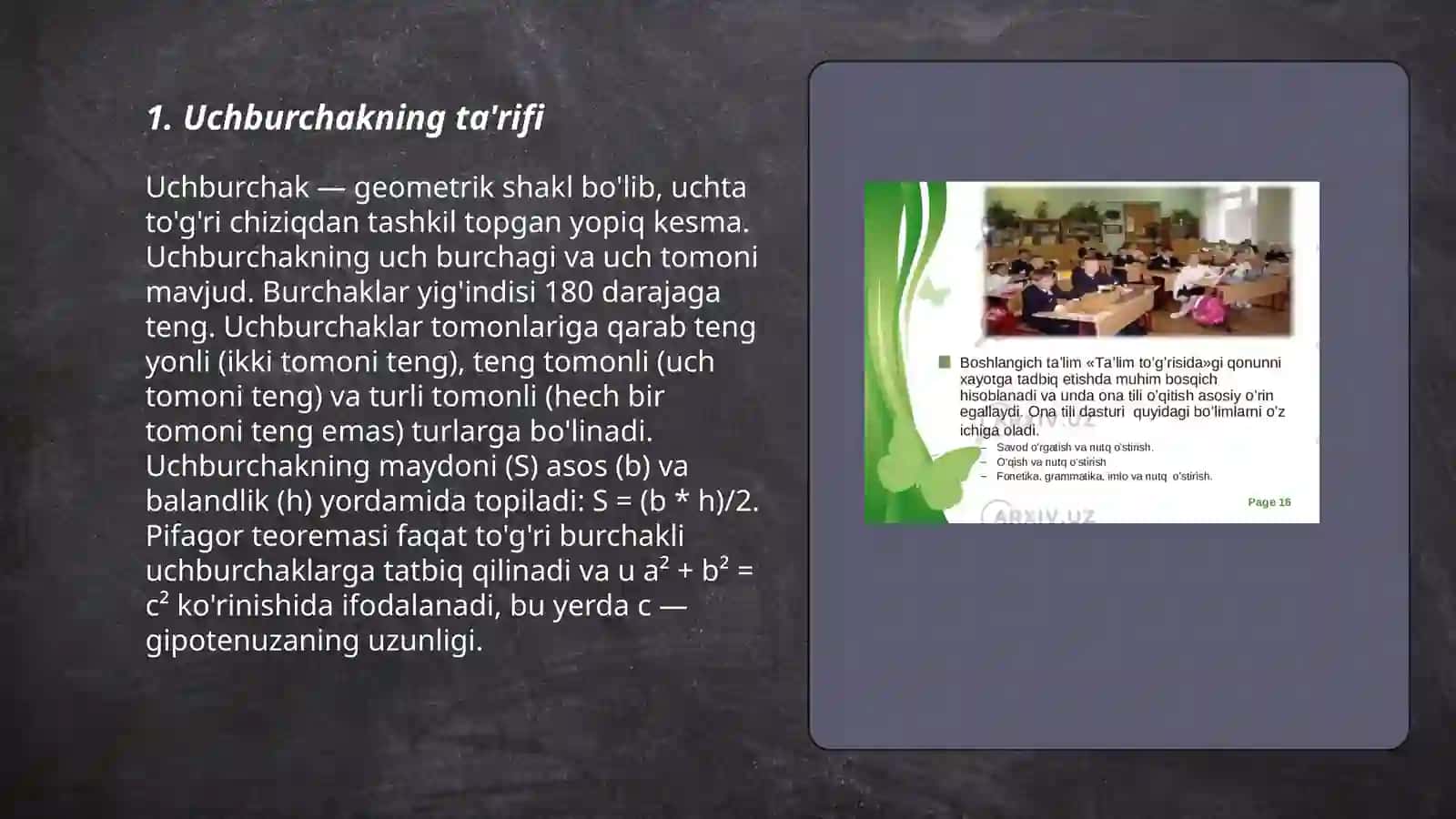 Boshlangich sinflarda matematikadan uchburchak shaklini tushuntirish 3