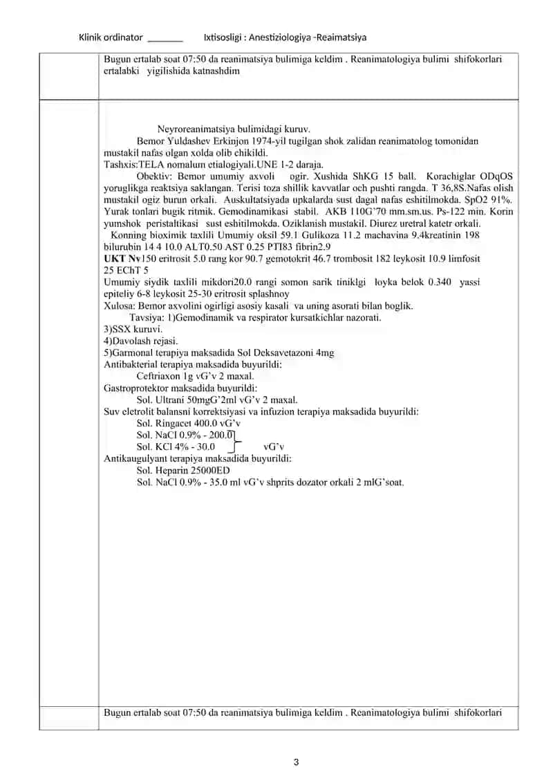 Klinik ordinator Ixtisosligi: Anestiziologiya - Reaimatsiya 3