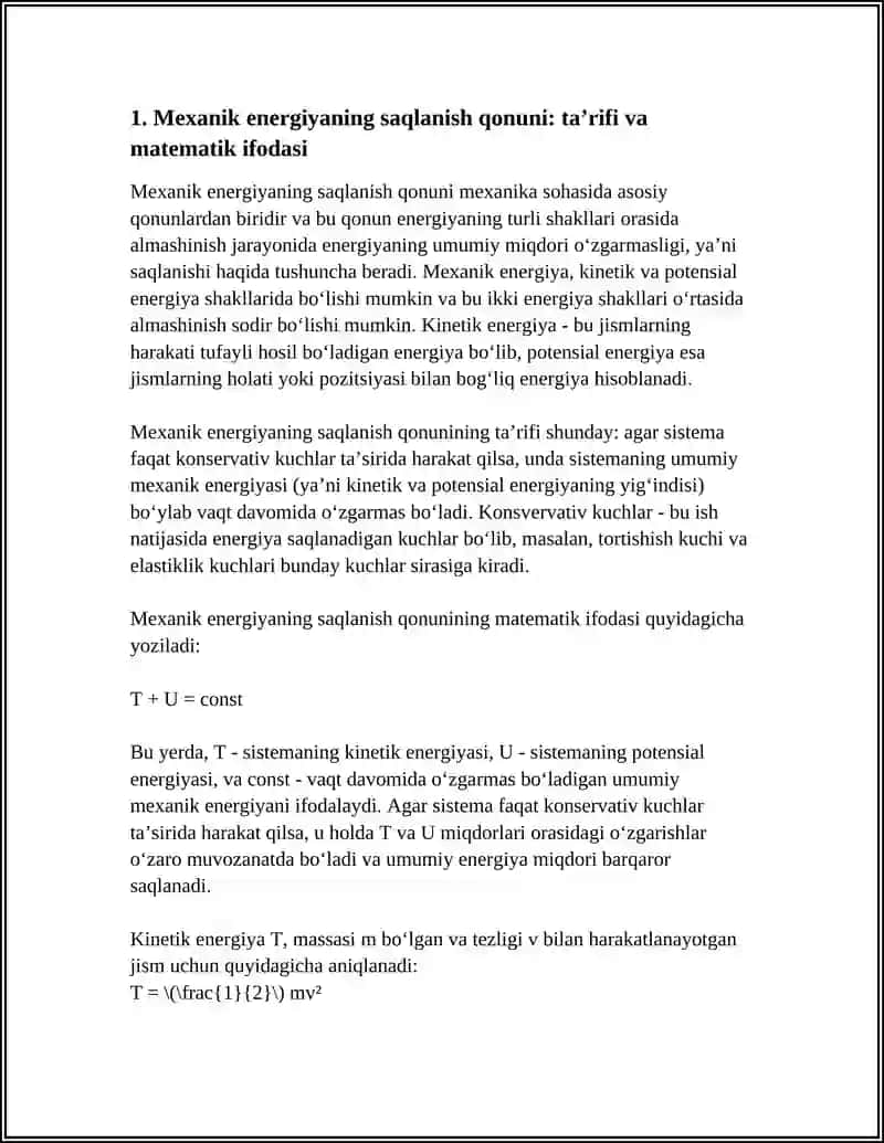 Mexanik energiyaning saqlanish qonuni 3