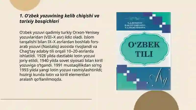 "O'zbek yozuvlari tarixidan" material tayyorlash 3
