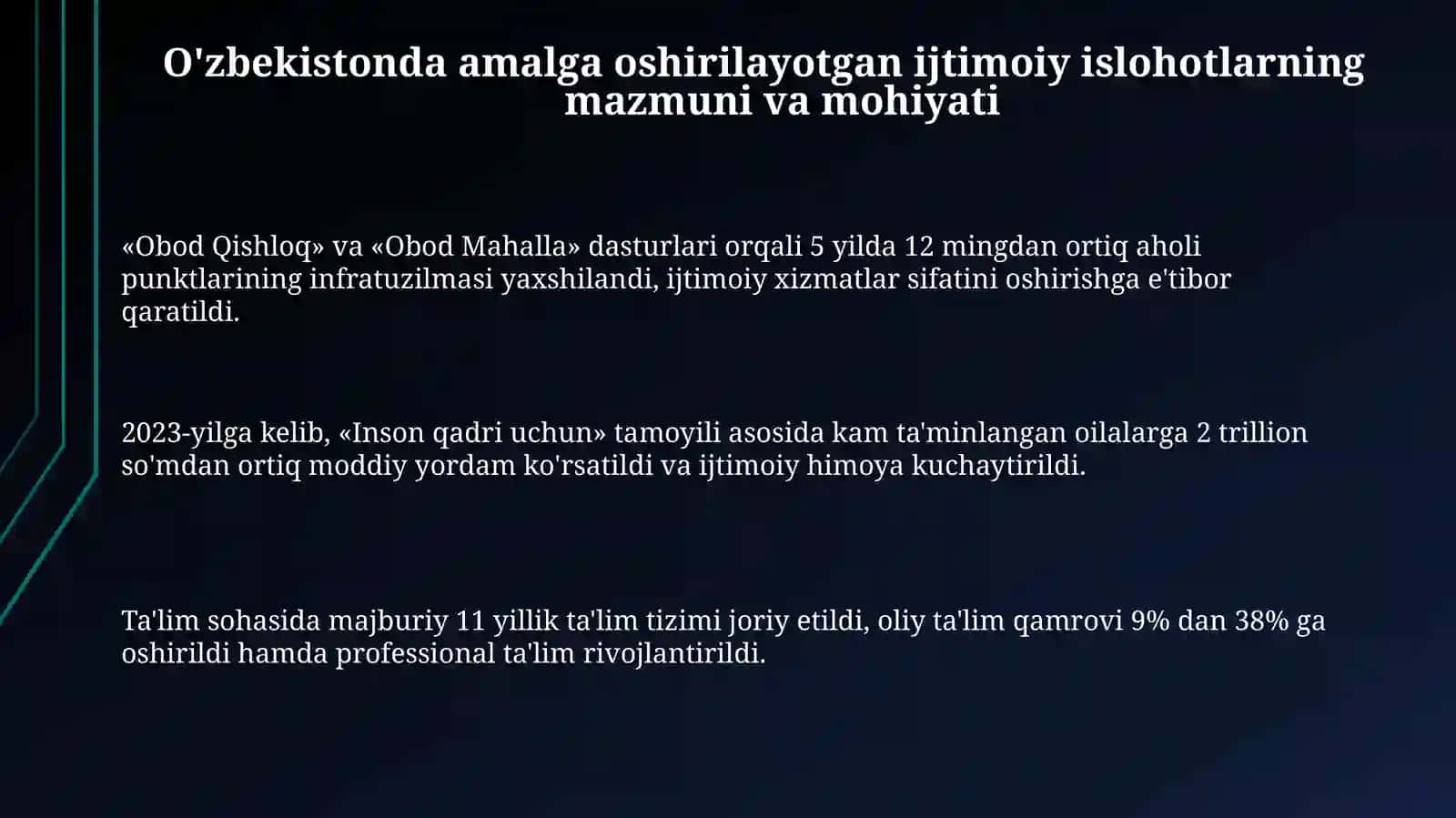 O‘zbekistonda ijtimoiy sohada amalga oshirilayotgan o‘zgarishlar mazmun vamohiyati 3