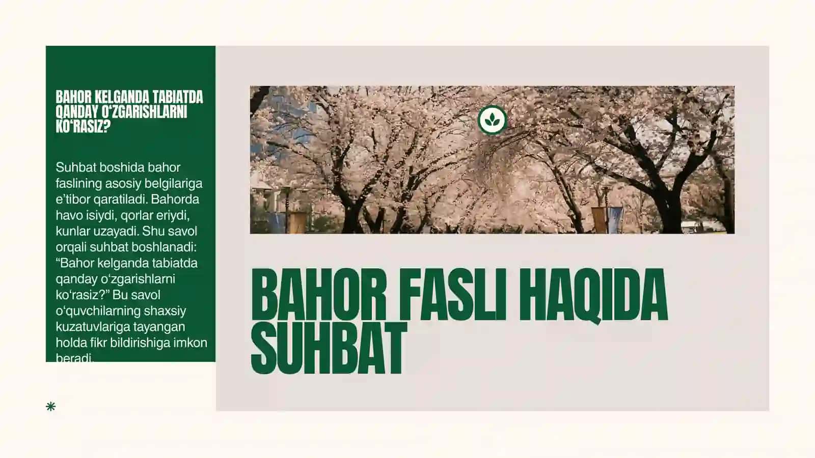BAHORDA DARAXTLARNING UYG‘ONISHI, HAYVONLAR VA HASHAROTLAR HAQIDA SUHBAT 3