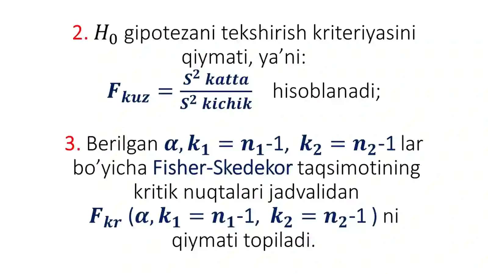 Ikkita normal bo`sh to`plamlar dispersiyalari tengligi haqidagi gipotezani tekshirish 3