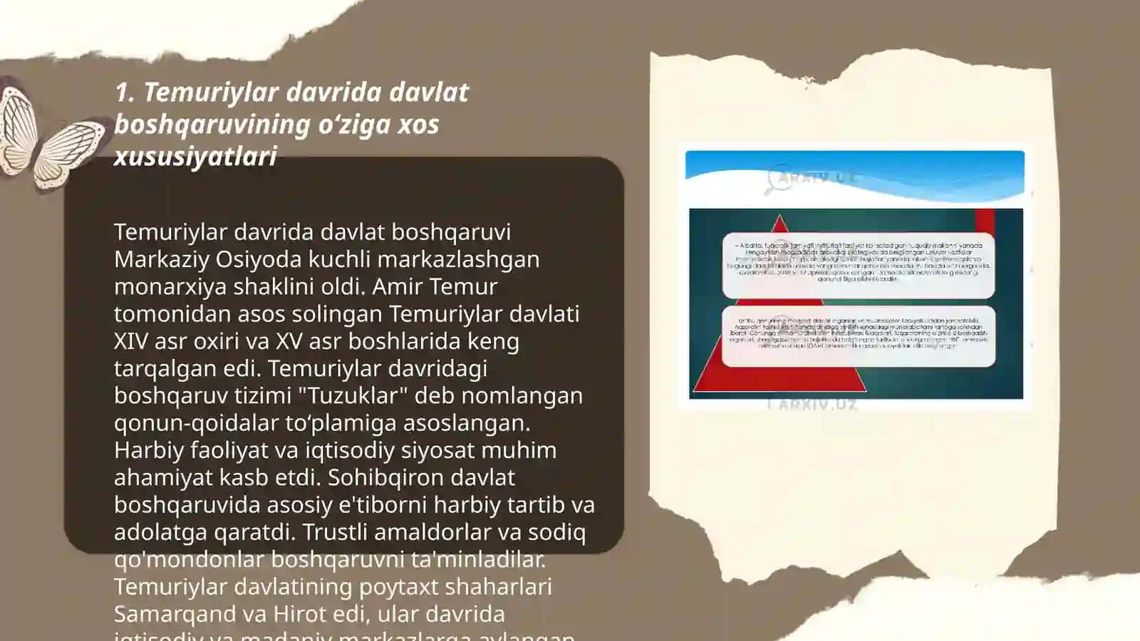 Temuriylar davri davlat boshqaruvi va sanʼat madaniyatiga boʻlgan etibor 3