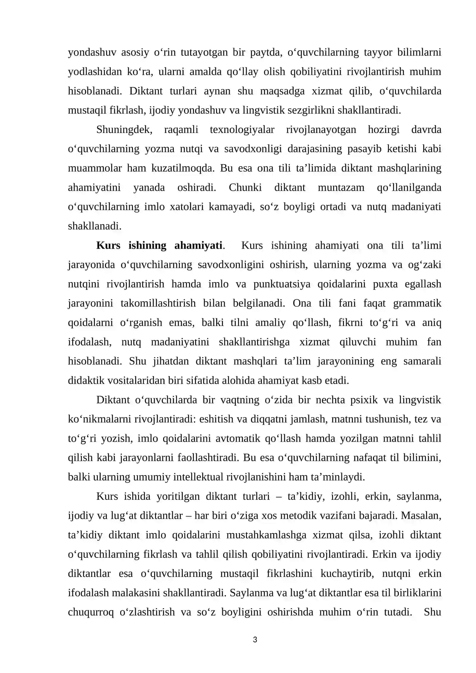 Ona tili ta’limida diktantning o‘rni. Ta’limiy: ta’kidiy, izohli, erkin, saylanma, ijodiy, lug‘at diktantlar 3