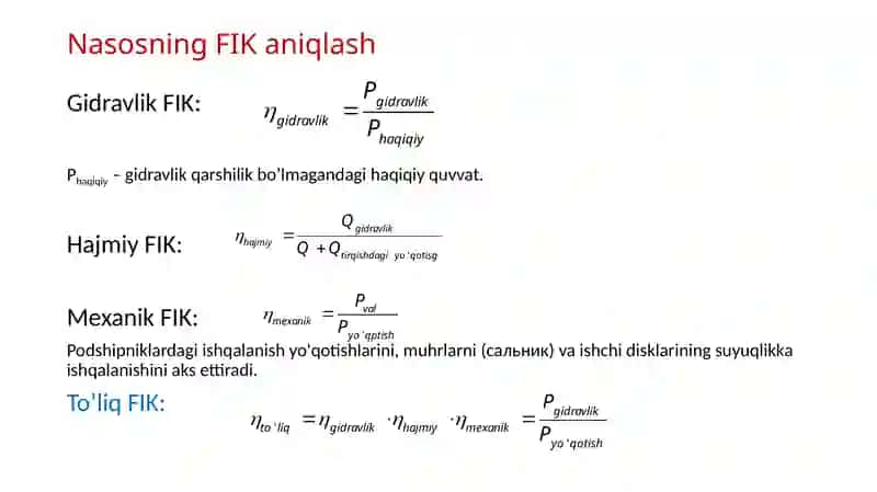 Markazdan qochmanasoslar ning ichki energiya yo'qotishlari va foydali ish ko'efitsienti 3