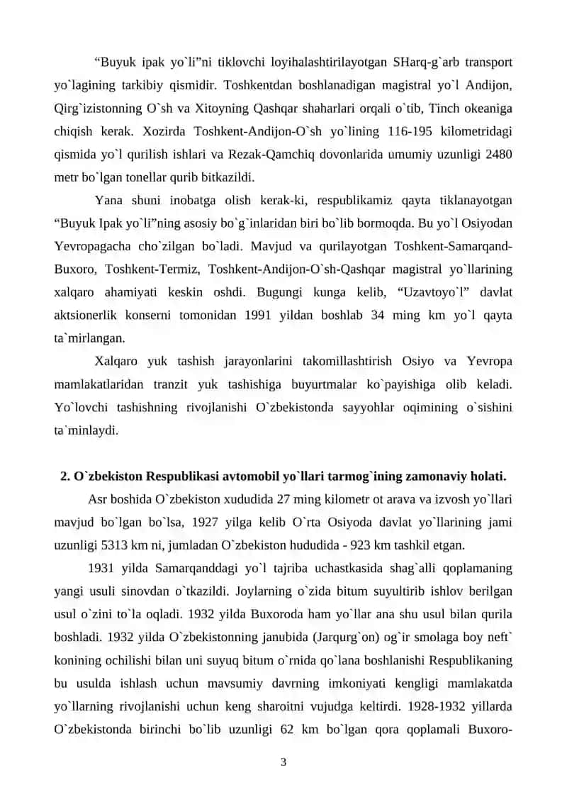 AVTOMOBIL YO`LLARI VA UNING IJTIMOIY-IQTISODIY HAYOTDAGI AHAMIYATI 3