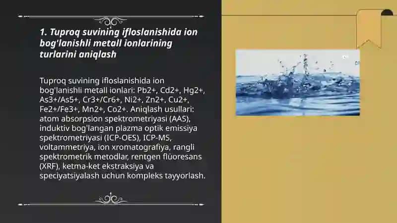 Tuproq suvining ifloslanishidan ion boglanish birikmalarini aniqlab ulardan tozalash goyasini ishlab chiqarish 3