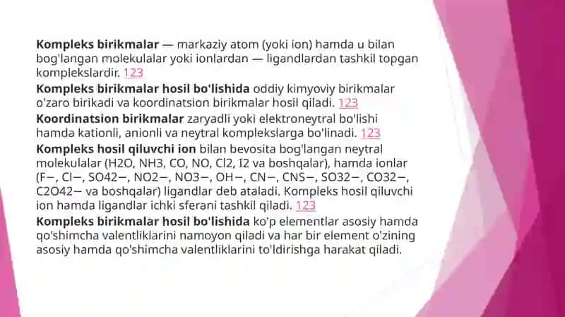 ODDIY VA KO`P YADROLI KOMPLEKSLAR. KLASTERLAR. KOMPLEKS BIRIKMALARNING OLINISH USULLARI. 3