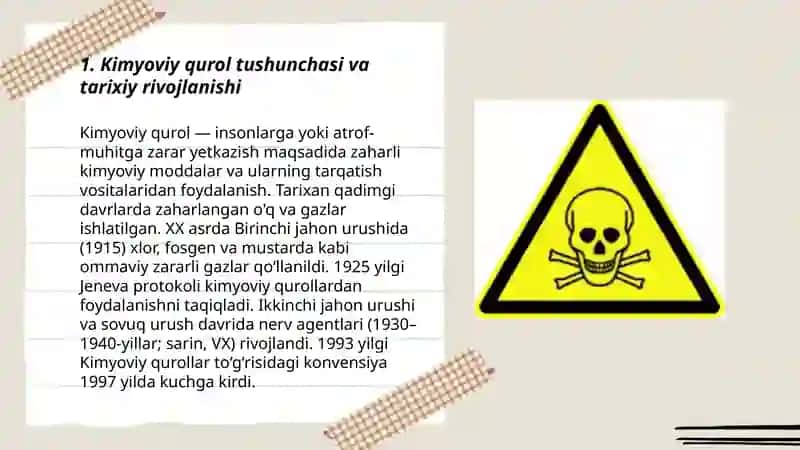 Kimyoviy qurol. Zaxarli moddalarning tasnifi. Kimyoviy vaziyatni baholash 3