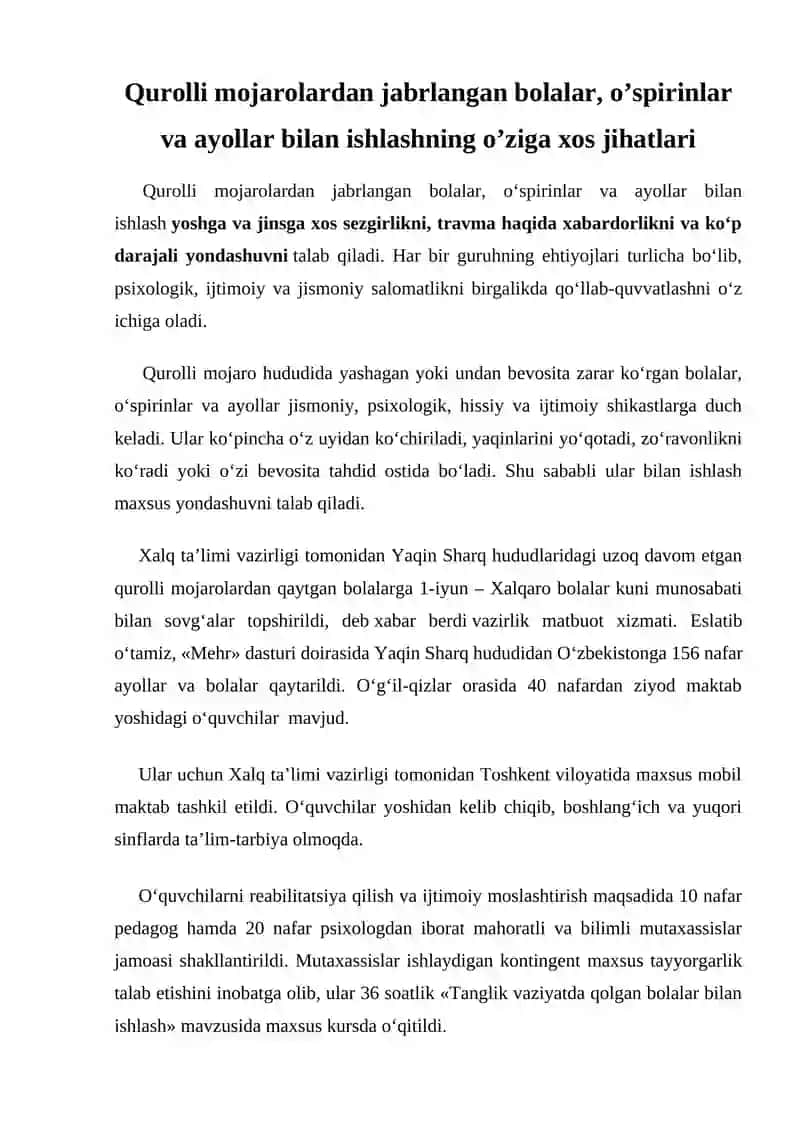 Qurolli mojarolardan jabrlangan bolalar, o‘sirinlar va ayollar bilan ishlashning o‘ziga xos jihatlari Referati 3