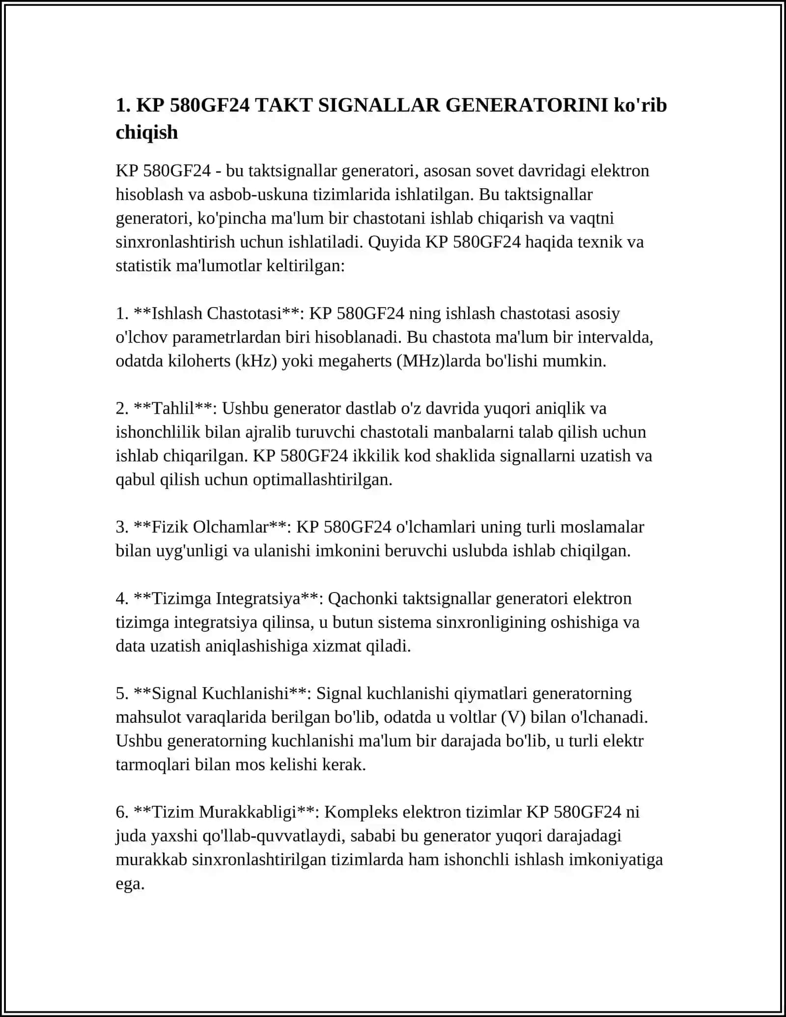 MUSTAQIL ISH Mavzu: KP 580GF24 TAKT SIGNALLAR GENERATORINI ISHLATISH 3