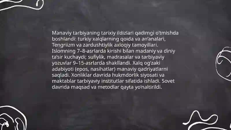 Manaviy tarbiya togrisidagi ilk tasavvurlar, qarashlar talimotlar 3