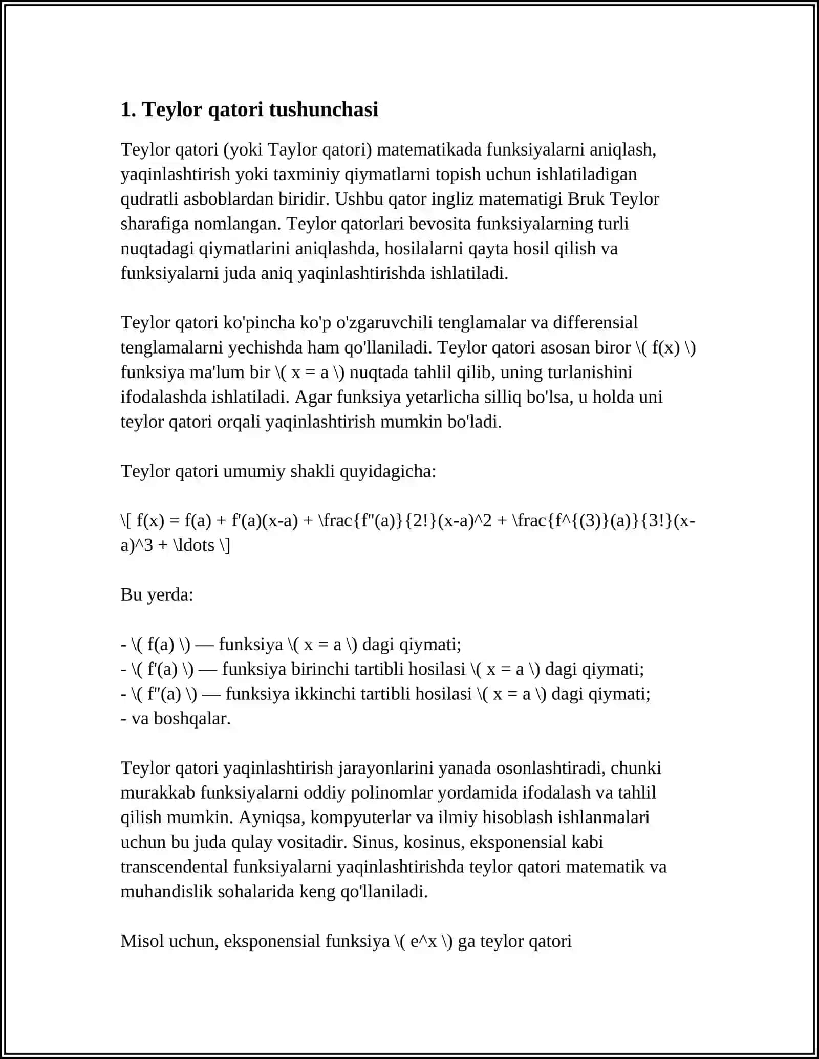 BA'ZI ELEMENTAR FUNKSIYALARNING TEYLOR FORMULALARI. TEYLOR VA MAKLOREN FORMULALARI 3