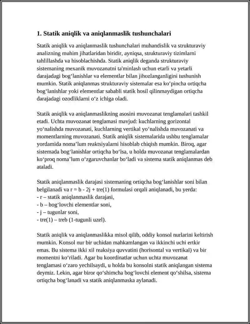 STATIK ANIQMAS SISTEMALARNI KUCHLAR METODI BILAN HISOBLASH 3