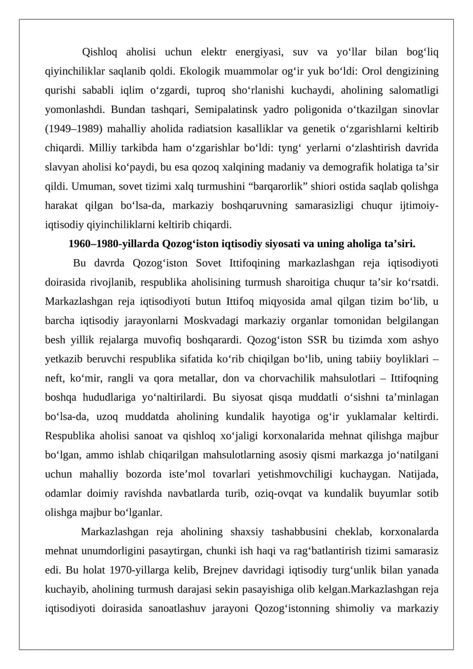 XX asrning 60-80 yillarida Qozog’istonda xalq turmishi:qiyinchiliklar va muammolar 3