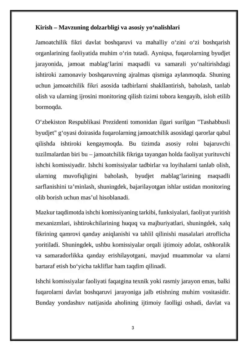 Jamoatchilik fikri asosida tadbirlarni shakllantirish, baholash, tanlab olish hamda ijrosini monitoring qilish bo‘yicha ishchi komissiyaning tarkibi va funksiyalari 3