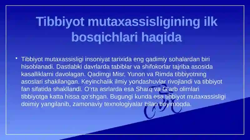 Mutaxassislik tarixi haqida ma'lumot berish; Tibbiyotdagi yangiliklar haqida taqdimot qilish 3