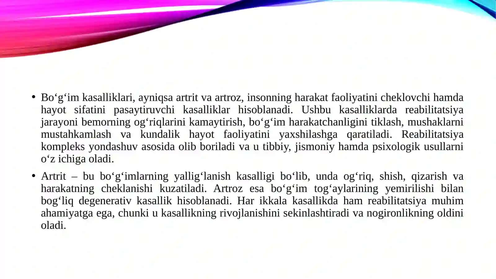 Boʻgʻim kasalliklarida (artrit, artroz) reabilitatsiya 3