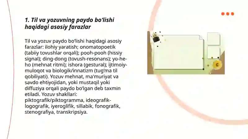 Til va yozuv, ularning paydo boʻlishi haqidagi farazlar va ularning ( piktografik, piktogramma, ideografik- logografik, iyeroglifik, fonografik, sillabik yozuv, stenografiya, transkripsiya) shakllari 3
