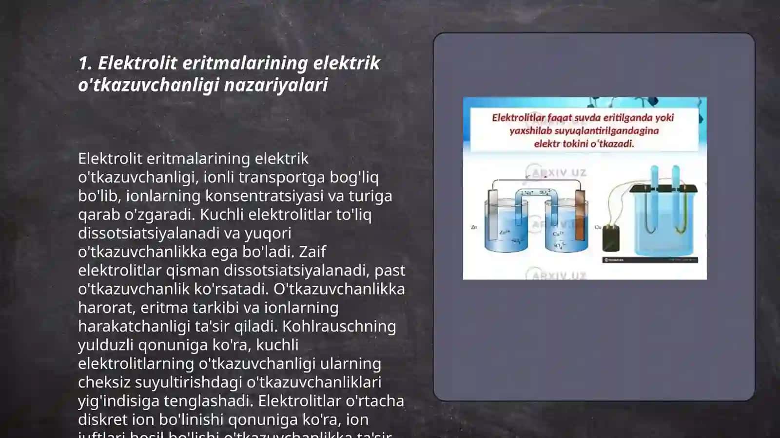 Elektrolit eritmalarining elektr utkazuvchanligi.Elektrodlardagi jarayonlar. Potensiallar xosil bolishi.Elektrkimyoviy davolash va diagnostika usullari 3