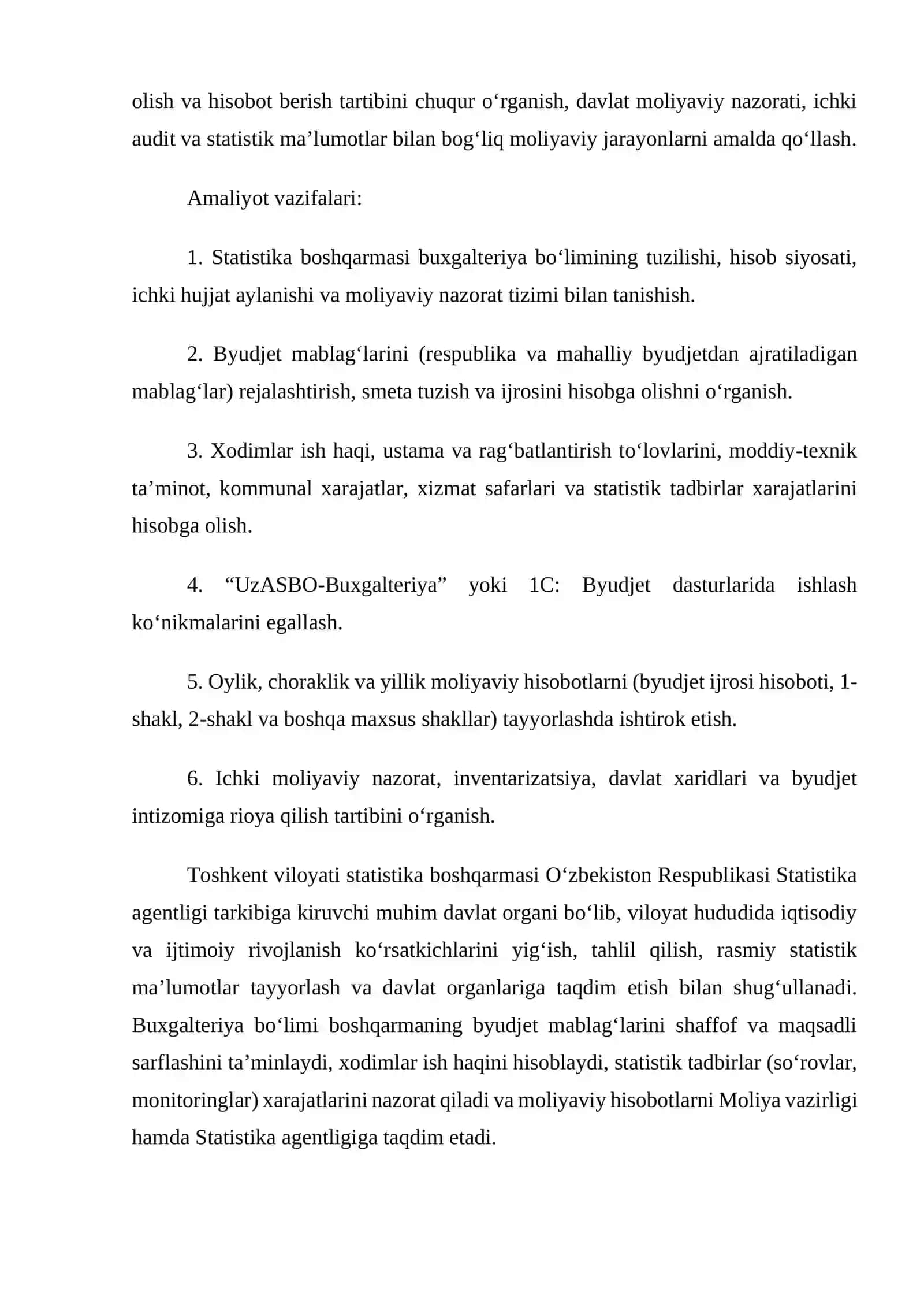 “Toshkent viloyati statistika boshqarmasi” da oʻtagan 
AMALIYOT HISOBOTI 3