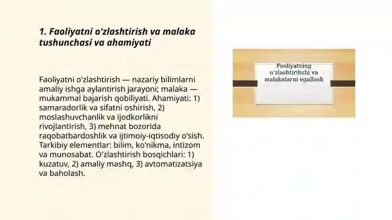 Faoliyatni o'zlashtirilishi va malakalarni egallash 3