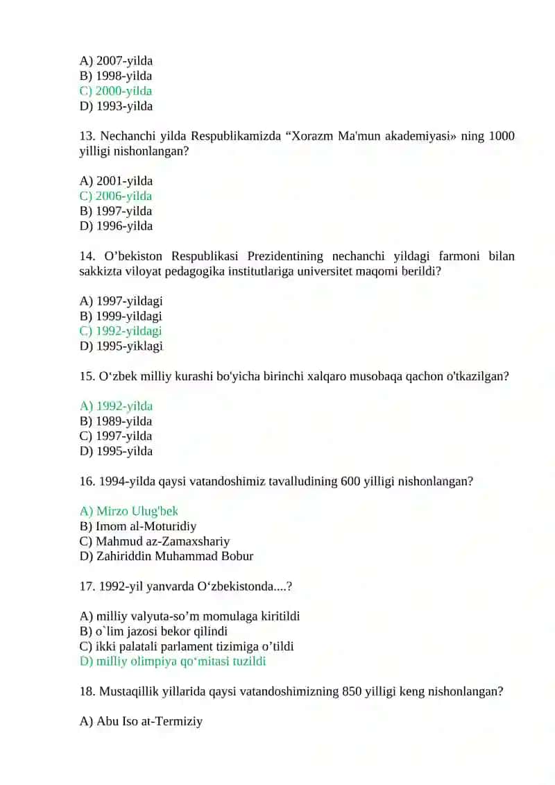 Mustaqillik yillarida O‘zbekistondagi ma’naviy va madaniy taraqqiyot. Test savollari. 3