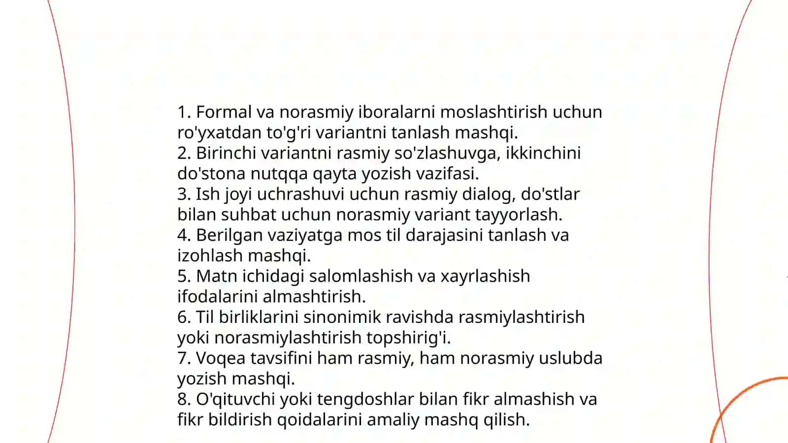 Fikrni turli nutqiy sharoit va vaziyatga mos ifodalash mashqlarini ishlab chiqish 3