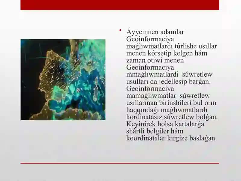 Geografiya tálim baǵdarı 2-kurs studenti Dauılbaev Rasulbektiń Topografiya, kartagrafiya hám GIS páninen Geografiyalıq informatciyalar sistemasında maǵlıwmatlar bazası temasınan islegen 3