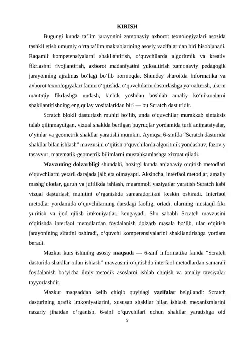 Umumiy o’rta talim maktablarining 6-sinfida Informatika va AT fanidan “Scratch dasturida shakllar bilan ishlash” mavzusini o‘qitishda interfaol metodlardan foydalanish 3