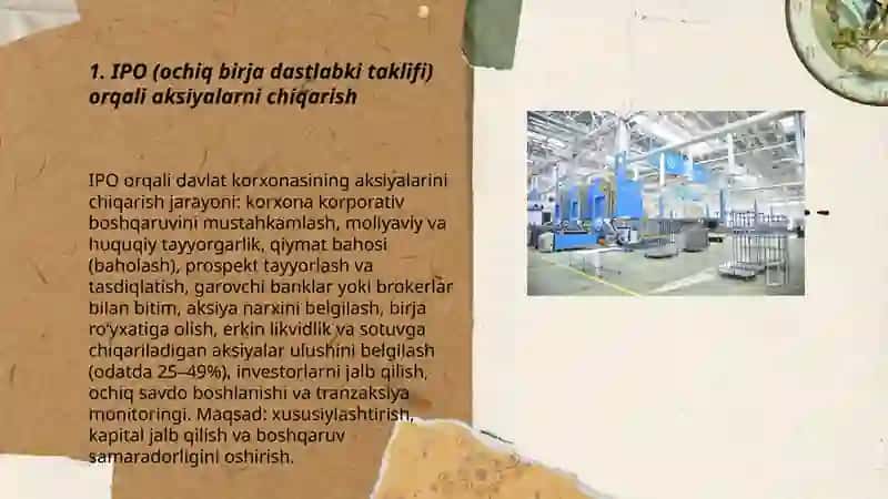 Davlat korxonalari aksiyalarini ochiq sotuvga chiqarish yo’llari 3