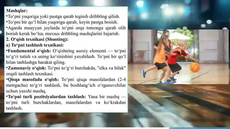 Basketbol o'yinida top olib yurish texnik usullari o'rgatish 3